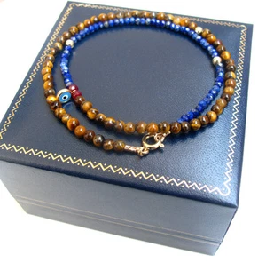 Lapis tiger eye blue evil eye 14k gold bracelet beads bead gem men women strand - Picture 1 of 9