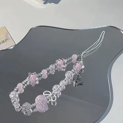 Luxury Crystal Pink And White Beaded With Stars Phone Charm  - Image 1 of 4