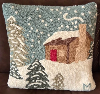 Chandler 4 Corners Laura Megroz Hooked Wool Throw Pillow 18x18 Snowy Night Cabin - Image 1 of 4