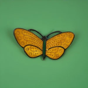 Vintage 925 Sterling Orange Wings and Green Body, Butterfly Brooch Pin Thailand - Picture 1 of 2