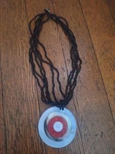 Black Seed Bead Multi-Strand Statement Necklace w/Circular Abalone Shell Pendant - Picture 1 of 11