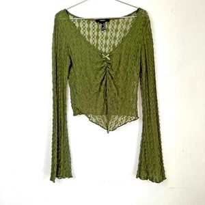 Top donna Forever 21 pizzo ritagliato manica a campana verde taglia M strato elasticizzato Y2K - Foto 1 di 7
