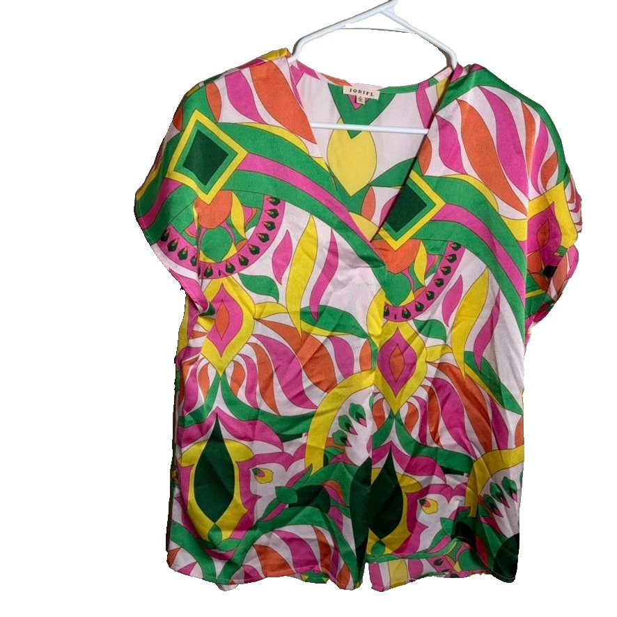 Blusa Jodiful Para Mujer Pequeña Estampada Cuello en V Manga Corta Colorida Top Camisa Foto 1 de 4