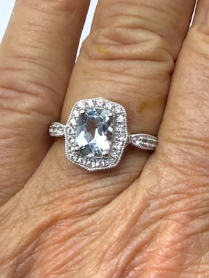 Кольцо с аквамарином 1,20 карата белое золото 10 карат с оценкой карты - размер 7 HDS - Изображение 1 из 4