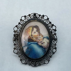 Vintage Mutter & Kind Anhänger Brosche 800 Silber filigran viktorianisch Portrait Farbe - Bild 1 von 7
