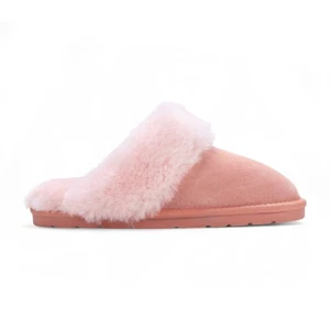 Women's Genuine Sheepskin Pink Luxury Suede Mule  Winter Non-Slip Slippers - Picture 1 of 8