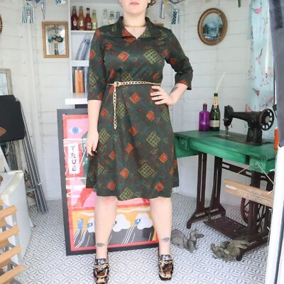Vestido Midi Mod Vintage Retro Años 60 Verde Geométrico Abstracto Patrón Loco Estampado 14 Foto 1 de 4