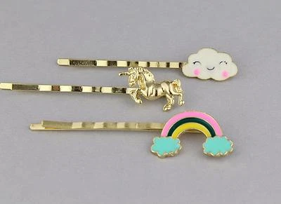 Set 3 Pinzas Arco Iris Unicornio Nube Oro Bobby Bobbi Clip Pasador Horquilla Foto 1 de 3