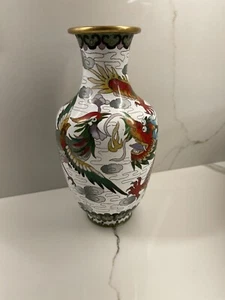 Jarrón de metal vintage chino esmalte cloisonne dragon and phoenix - Imagen 1 de 12