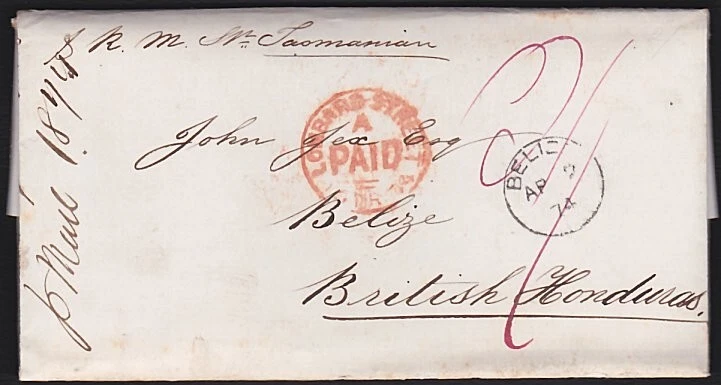GB A BR HONDURAS 1874 cubierta plegable ex Londres con fina llegada BELICE... A6269 Foto 1 de 1