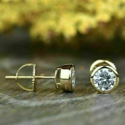 2.10 Ct Round Bezel Set Diamond Screw Back Earrings 14k Yellow Gold Plated Women - Image 1 of 4