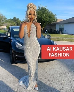 Silver Mermaid Women Formal Evening Party Prom Gowns Beading Sequins Dress - Picture 1 of 2