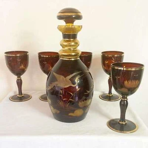 Vintage Bohemian Etched Amber Glass Decanter With Glasses - Picture 1 of 7