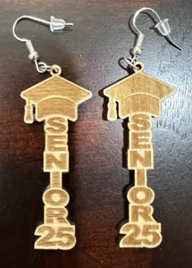 Graduation Wood Earrings with Hypoallergenic Hooks - Class of 2025 - Picture 1 of 2