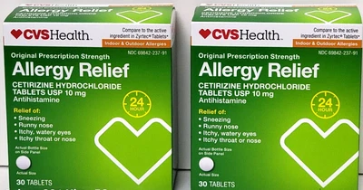 2x LOTE CVS SALUD ALIVIO ALERGIAS CLORHIDRATO DE CETIRIZINA 30 COMPRIMIDOS CADUCIDAD 26/09 Foto 1 de 3