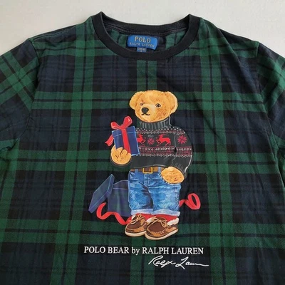Polo Ralph Lauren Bear Christma T Shirt Youth L Green Plaid Cotton Short Sleeve  - Image 1 of 4