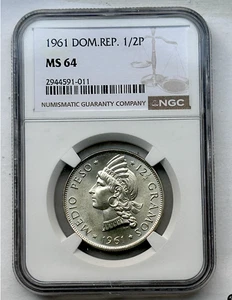 DOMINICAN REPUBLIC SILVER 1/2 PESO 1961 MS 64 - NGC - Picture 1 of 4