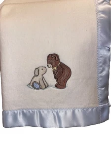 Carters White Teddy Bear Puppy Dog Baby Blanket Blue Satin Trim NWOT VNTG USA - Picture 1 of 7