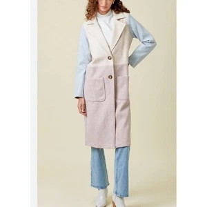 NWT Women’s Mystree Color Block Long Coat Oat Pink Blue Size Large Polyester - Picture 1 of 8