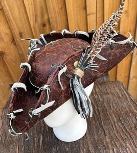 Unisex Brown Faux Leather Distressed Tricorn Pirate Hat Feathers Free size  (12a - Picture 1 of 6