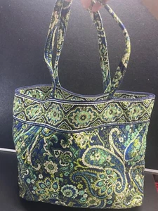 Vera Bradley Large Tote Beach Bag Travel Green Blue Print 14" x 19" x 5" - Picture 1 of 14