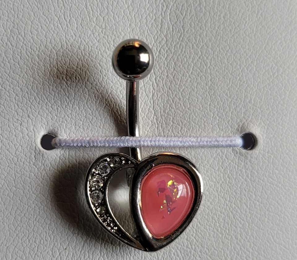 Crystal Paved Heart w/ Opal Glitter Half 316L Surg Steel Belly Button Navel Ring - Image 1 of 1