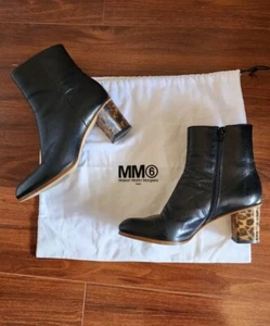 MAISON MARTIN MARGIELA MM6 Black  Leopard Print Heel Leather Boots Size 38 - Picture 1 of 5