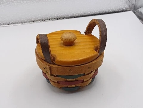 Red Green Brown Miniature Leather Handles Round Wood Lidded Basket Cover