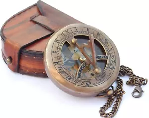 Brass Sundial Compass & Leather Case & Chain-Push Open  Beautiful Handmade Gift - Picture 1 of 3