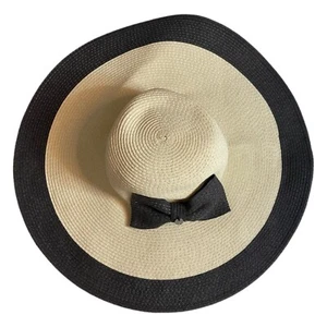 L'Atelier Du Sac Black & Beige Wide Brim Floppy Hat with Bow Accent Sun Hat - Picture 1 of 8
