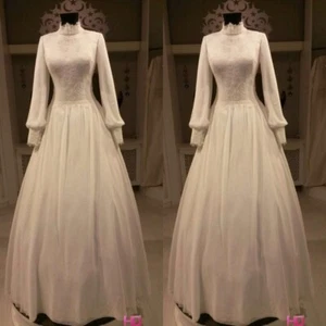 Muslim Vintage Wedding Dresses High Neck Long Sleeves Chiffon White Bridal Gowns - Picture 1 of 9
