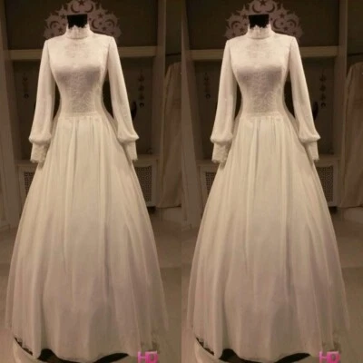 Vestidos de novia musulmanes vintage cuello alto mangas largas chifón blancos vestidos de novia Foto 1 de 4