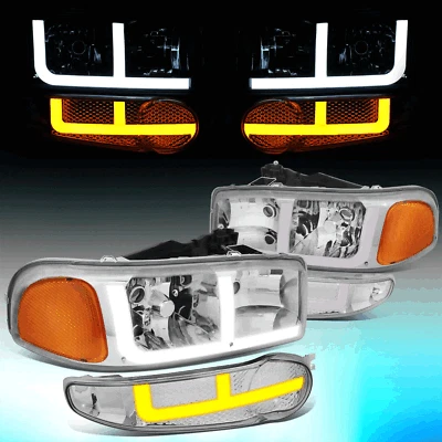 Faros LED DRL cromados ámbar para GMC Sierra Yukon Denali 2001-2006 Switchback Foto 1 de 4