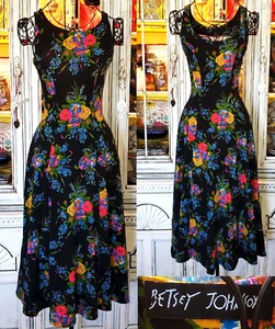 Vintage Betsey Johnson 90s Black Garden Floral Cottage Tea Midi Slip Dress S M - Picture 1 of 16