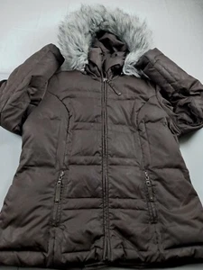 1 Madison Luxe Coat Women Size Large Down Feather Brown Faux Fur Hooded Parka - Picture 1 of 10
