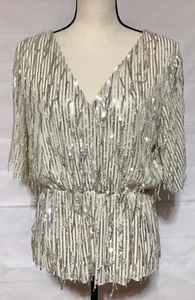 ON TWELFTH sz M nude sequin fringe slit sleeve cross over v neck top blouse - Picture 1 of 11
