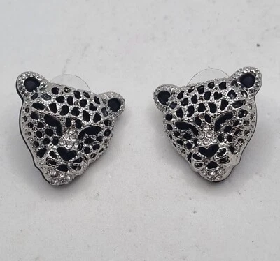 ORECCHINI MODA A LEOPARDO color argento e nero, orecchini a lobo, animalier, - Immagine 1 di 4