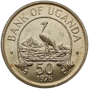 UGANDA 50 CENTS 1976 KM#4a – GREY CROWNED CRANE AU - UNC - EDGE CORROSION - Picture 1 of 5