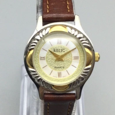 Vtg Relic Watch Women 26mm Gold Silver Tone ZR-32151 Brown Leather New Battery - Image 1 of 4