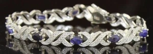 Rhodium Brass Genuine Natural 5.00ct Sapphire & Diamond Tennis Bracelet - Picture 1 of 1