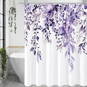 Purple Eucalyptus Shower Curtain Watercolor Plant Leaves with Floral Bathroom... - Picture 1 of 6