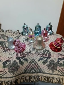 VINTAGE CHRISTMAS BELLS TREE ORNAMENTS (9) MANY COLORS 3 INCHES TALL - Picture 1 of 5