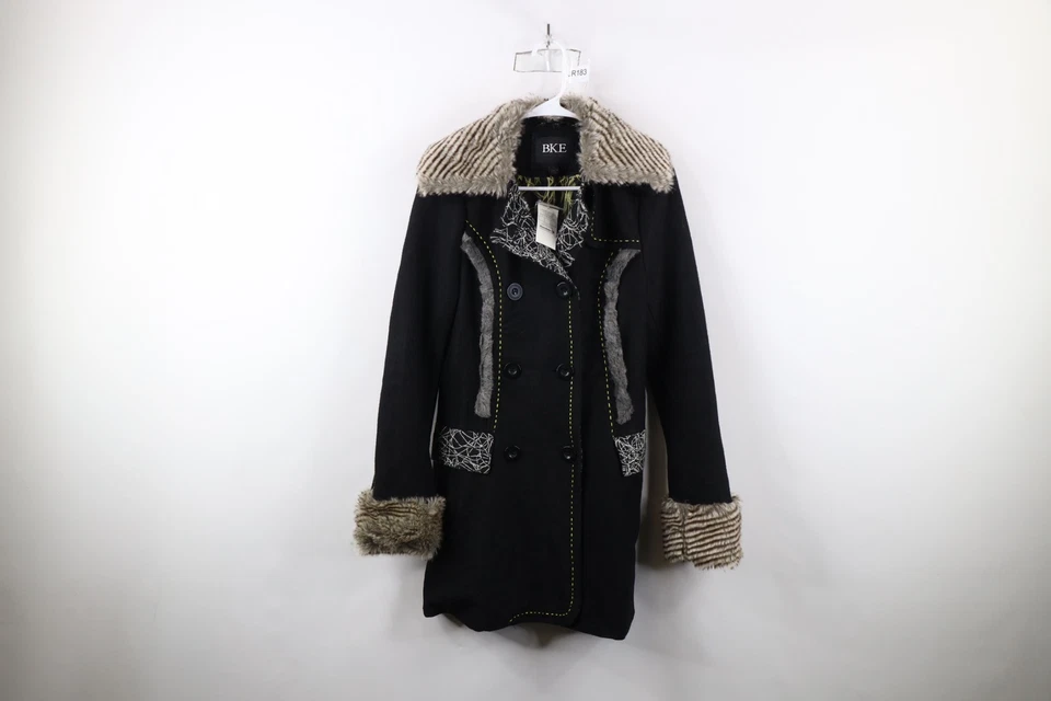 Nueva chaqueta de chaquetón negra con hebilla BKE para mujer pequeña de piel sintética de lana Pennylane Foto 1 de 4