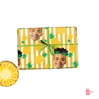 Personalized Gift Wrapping Paper w/ Photo Face Cut Yellow Pin Stripes Gift Wrap - Image 1 of 4