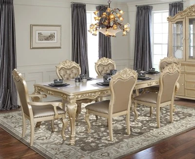 Luxurious Gold Finish 7pc Formal Dining Set Table and Chairs Leather Furniture - Image 1 of 4