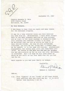 Carta firmada por Edward G. Robinson 1969 a su amigo Police Capt. MENASHA KATZ - Imagen 1 de 1