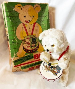Vintage Alpi Giappone Wind-Up batterista orso pelliccia bianca scatola originale FUNZIONA COSÌ COM'È - Foto 1 di 14