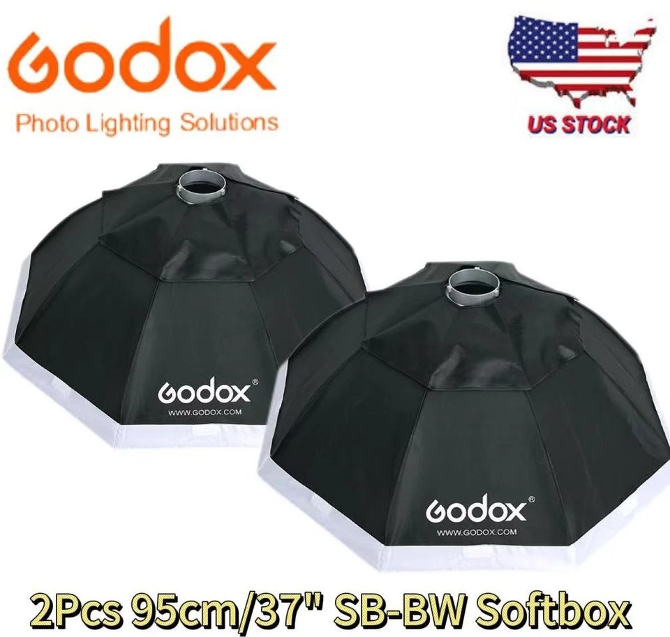 US 2Pcs Godox 95cm/37in Bowens Mount Octagon Softbox Photography Light Diffuser - Image 1 of 4