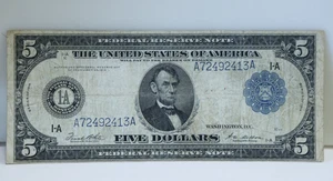 1914 US $5 Federal Reserve Note Boston A72492413A Fine - Picture 1 of 2
