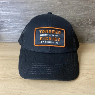 Traeger Dickies Hat Cap Snap Back Black Orange Mesh Trucker Patch Mens Work Hard - Image 1 of 4